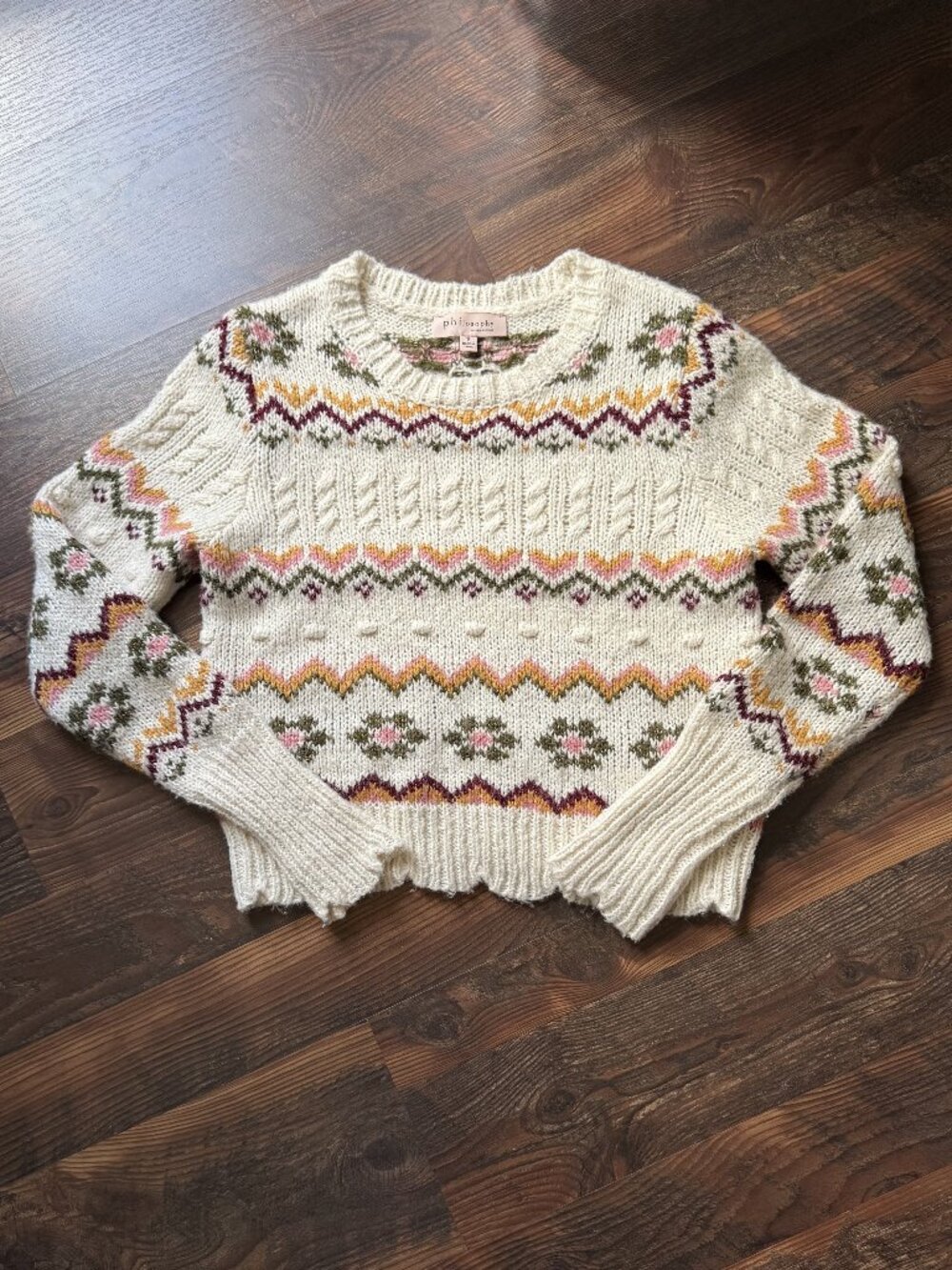 Philosophy Fair Isle Crewneck Sweater - Scalloped Hem - Size S